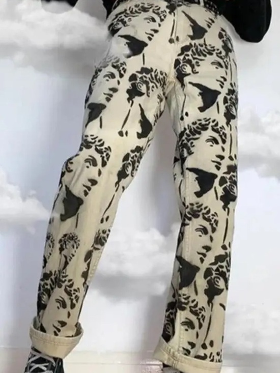 Vintage Denim - Michelangelo David Statue Printed White Jeans Denim Unique Straight Leg / Taper